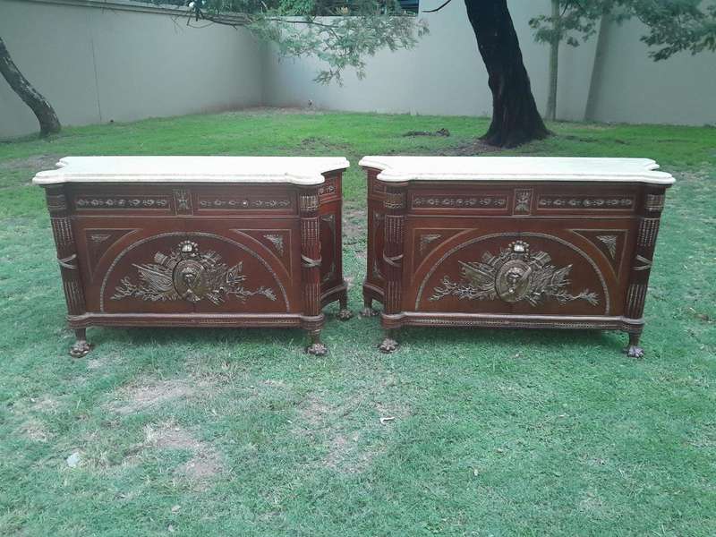 A 20th Century Rare Pair of Mahogany Server  /  Sideboards  /  Cabinets with Ormolu Mounts and Cr...