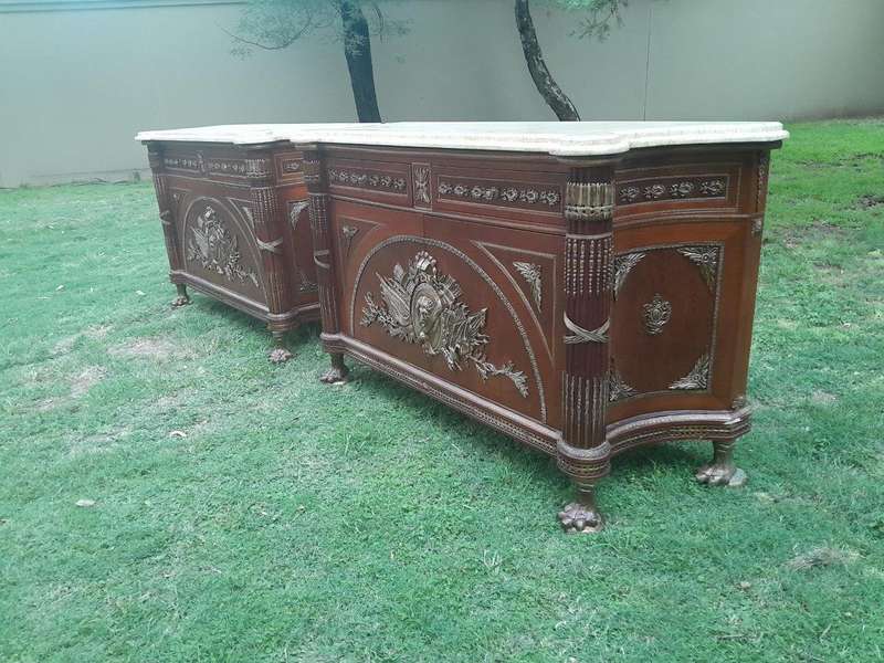 A 20th Century Rare Pair of Mahogany Server  /  Sideboards  /  Cabinets with Ormolu Mounts and Cr...