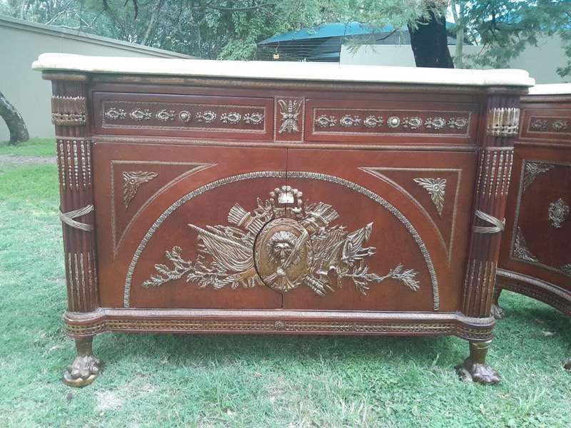 A 20th Century Rare Pair of Mahogany Server  /  Sideboards  /  Cabinets with Ormolu Mounts and Cr...