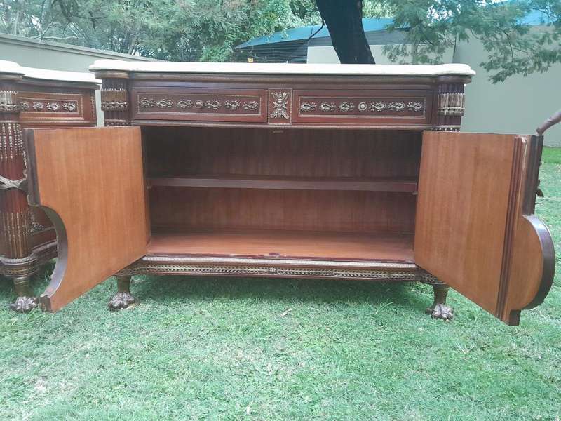 A 20th Century Rare Pair of Mahogany Server  /  Sideboards  /  Cabinets with Ormolu Mounts and Cr...