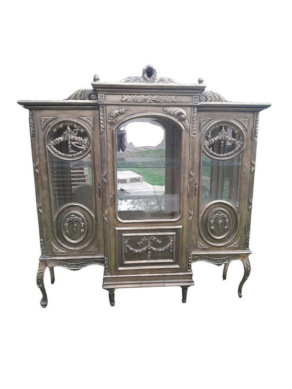 A 20th Century French Style Three Division and Large Ornately Carved and Hand-Gilded Display Cabinet