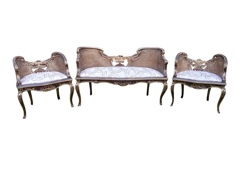 A 20TH Century French Louis XVI Style Giltwood Rattan Settee and Two Matching Bergere Chairs Upho...