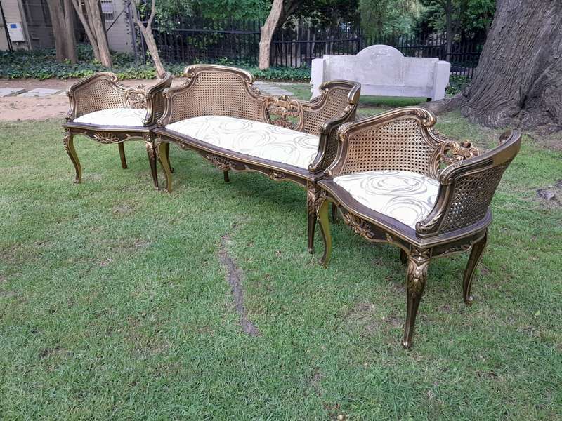 A 20TH Century French Louis XVI Style Giltwood Rattan Settee and Two Matching Bergere Chairs Upho...