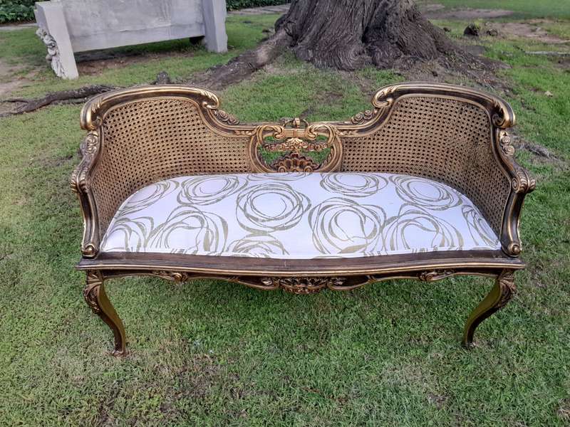 A 20TH Century French Louis XVI Style Giltwood Rattan Settee and Two Matching Bergere Chairs Upho...