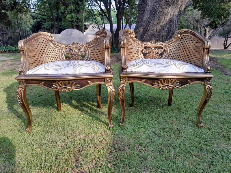 A 20TH Century French Louis XVI Style Giltwood Rattan Settee and Two Matching Bergere Chairs Upho...