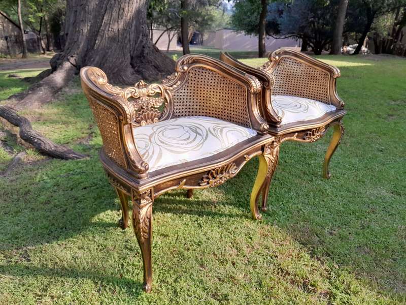 A 20TH Century French Louis XVI Style Giltwood Rattan Settee and Two Matching Bergere Chairs Upho...