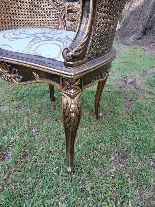 A 20TH Century French Louis XVI Style Giltwood Rattan Settee and Two Matching Bergere Chairs Upho...