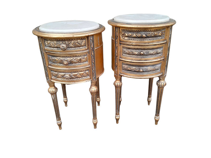 A Pair Of French Style Hand-Gilded Round Pedestals / Side Tables With Drawers And Cream Marble Tops