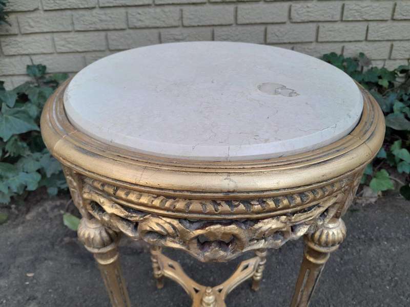 A 20th Century French Style Carved and Hand Gilded Side Table with Marble Top