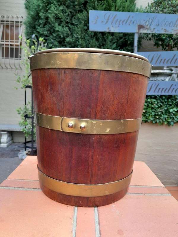 An Antique 20th Century    Wooden and Brass Bound Water Balie with Swing Handle and Lid ND