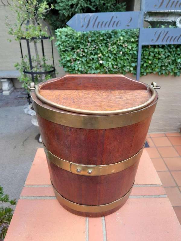 An Antique 20th Century    Wooden and Brass Bound Water Balie with Swing Handle and Lid ND