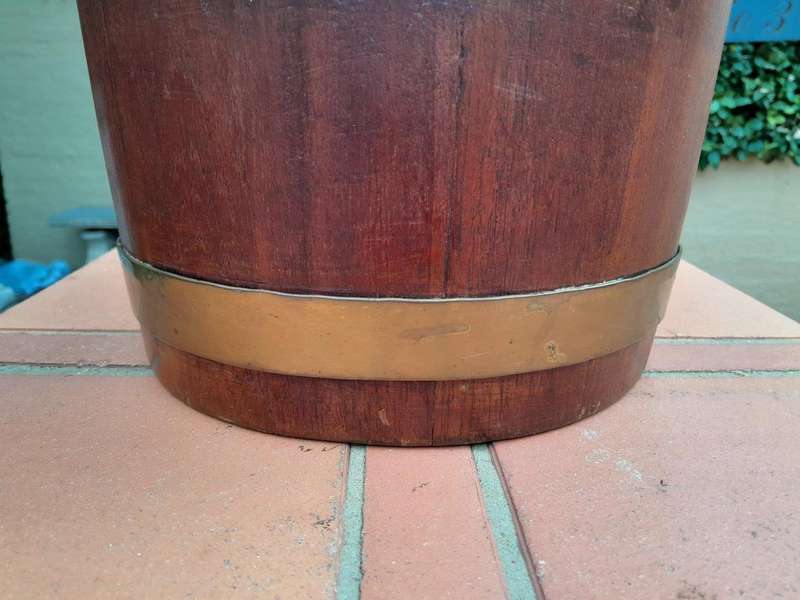 An Antique 20th Century    Wooden and Brass Bound Water Balie with Swing Handle and Lid ND