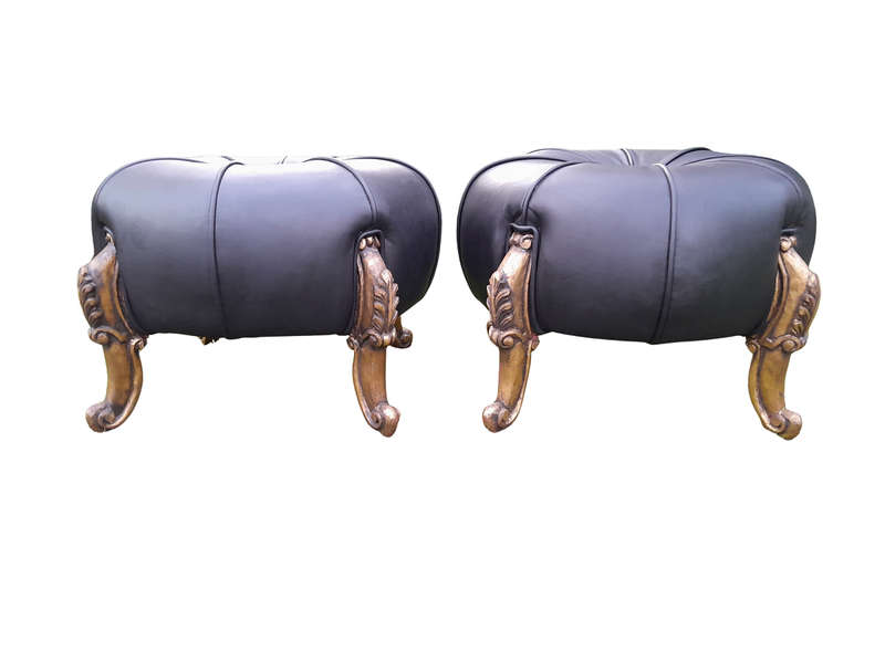 A Pair Of French Style Hand-Gilded Ottomans / Tuffets In Leather