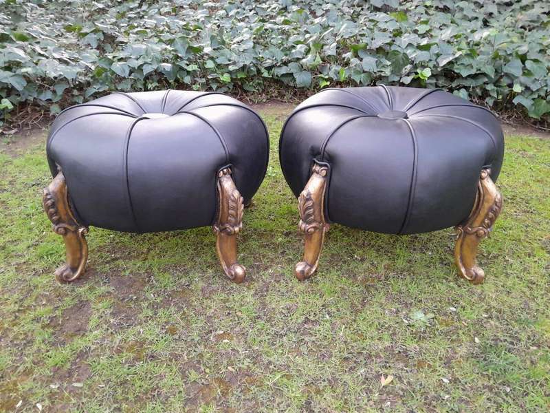 A Pair Of French Style Hand-Gilded Ottomans / Tuffets In Leather