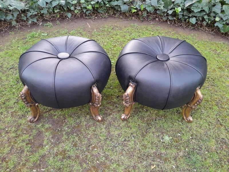 A Pair Of French Style Hand-Gilded Ottomans / Tuffets In Leather