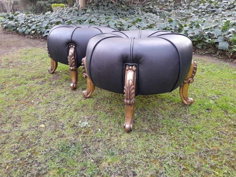 A Pair Of French Style Hand-Gilded Ottomans / Tuffets In Leather