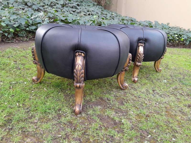 A Pair Of French Style Hand-Gilded Ottomans / Tuffets In Leather