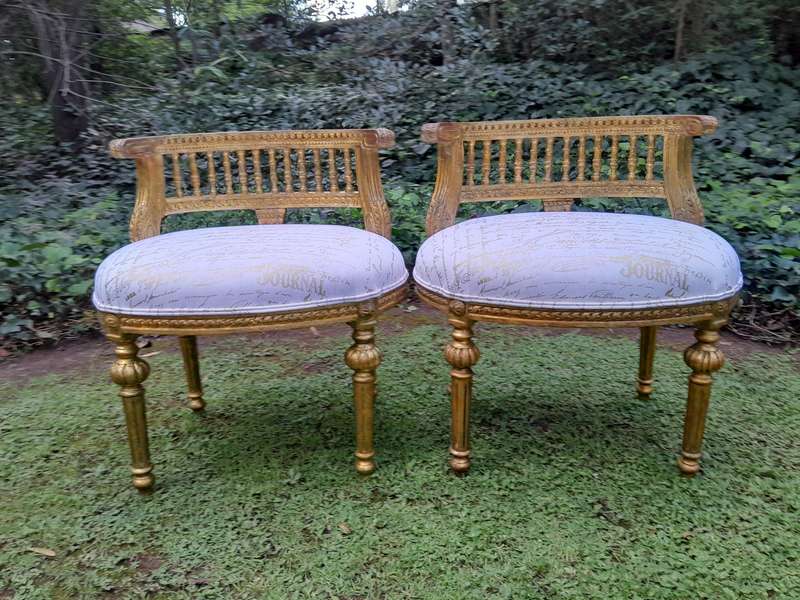 A Pair of French Louis XVI Style Curved Back Vanity Chairs / Accent Stools / Side Chairs / Stools...