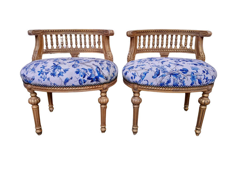 A Pair of French Louis XVI Style Curved Back Vanity Chairs / Accent Stools / Side Chairs / Stools...