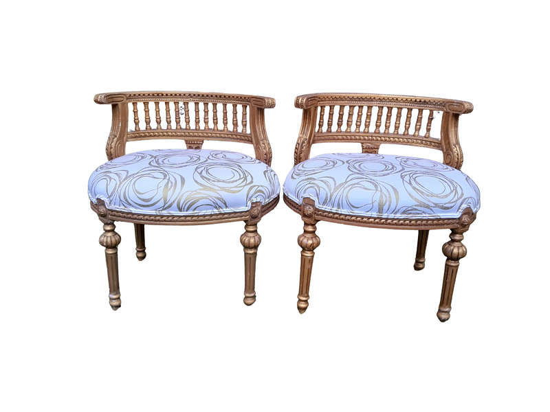 A Pair of French Louis XVI Style Curved Back Vanity Chairs / Accent Stools / Side Chairs / Stools...