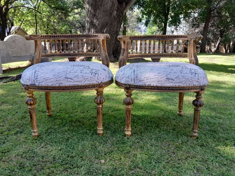 A Pair of French Louis XVI Style Curved Back Vanity Chairs / Accent Stools / Side Chairs / Stools...