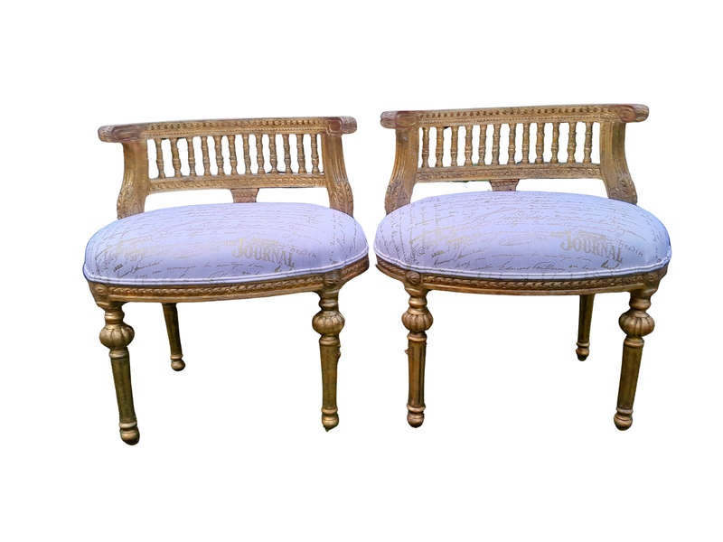 A Pair of French Louis XVI Style Curved Back Vanity Chairs / Accent Stools / Side Chairs / Stools...