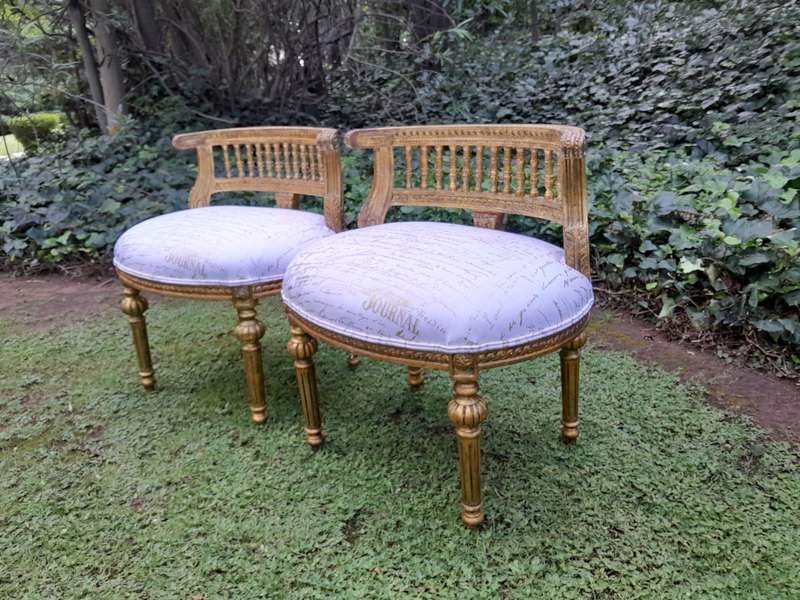 A Pair of French Louis XVI Style Curved Back Vanity Chairs / Accent Stools / Side Chairs / Stools...