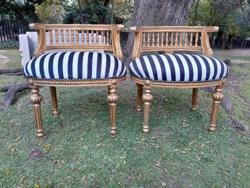 A Pair of French Louis XVI Style Curved Back Vanity Chairs / Accent Stools / Side Chairs / Stools...