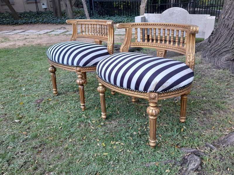 A Pair of French Louis XVI Style Curved Back Vanity Chairs / Accent Stools / Side Chairs / Stools...
