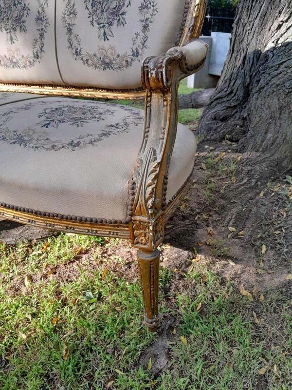 A 20th Century French Louis XVI Style Set of a Carved and Gilded Settee and Four Armchairs with T...