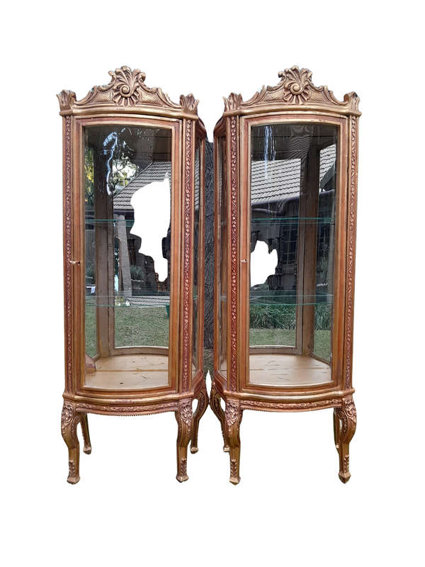 A Pair of 20th Century French Style Pair Carved & Gilded Display Cabinets  / Vitrines