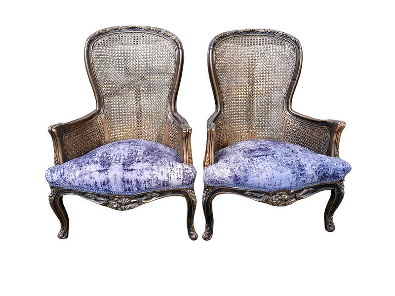 A 20th Century Pair of French Style Gilt Wood Rattan Arm Chairs