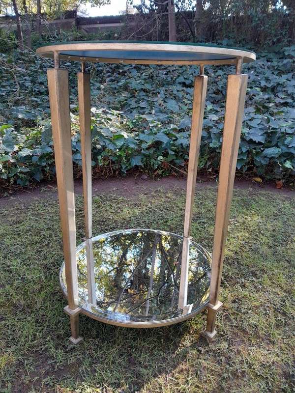 A Custom-made Gilt Metal Circulate Table / Side Table / Bedside Table with Two Bevelled Mirrors o...