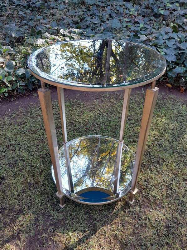 A Custom-made Gilt Metal Circulate Table / Side Table / Bedside Table with Two Bevelled Mirrors o...