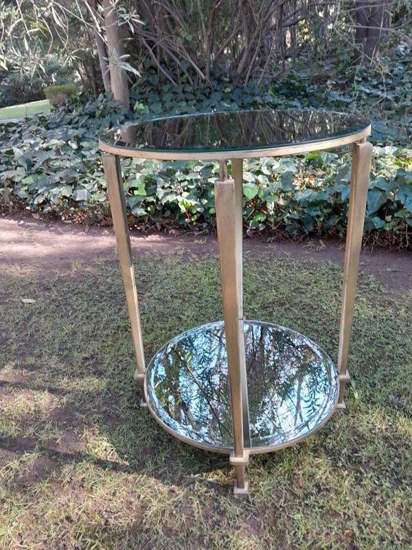 A Custom-made Gilt Metal Circulate Table / Side Table / Bedside Table with Two Bevelled Mirrors o...