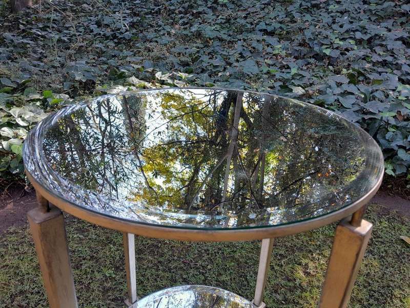 A Custom-made Gilt Metal Circulate Table / Side Table / Bedside Table with Two Bevelled Mirrors o...