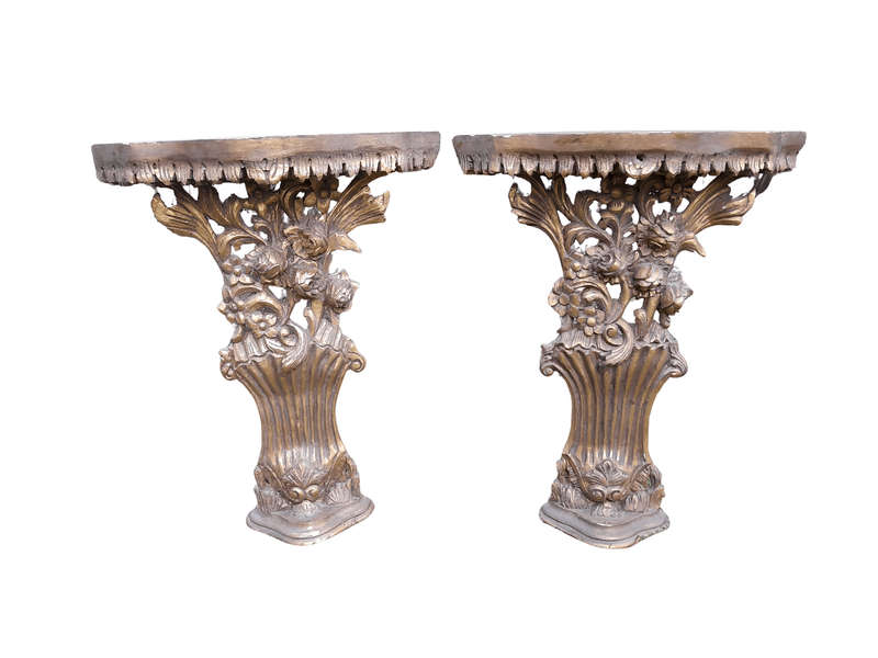 A Pair of Medium French Style Carved and Gilded Wall Sconces Or Console Tables with Cream Marble ...