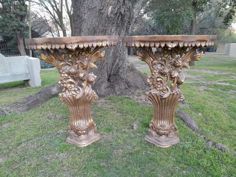 A Pair of Medium French Style Carved and Gilded Wall Sconces Or Console Tables with Cream Marble ...