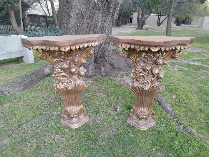 A Pair of Medium French Style Carved and Gilded Wall Sconces Or Console Tables with Cream Marble ...