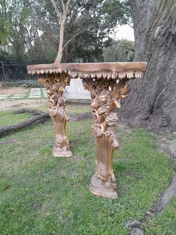A Pair of Medium French Style Carved and Gilded Wall Sconces Or Console Tables with Cream Marble ...