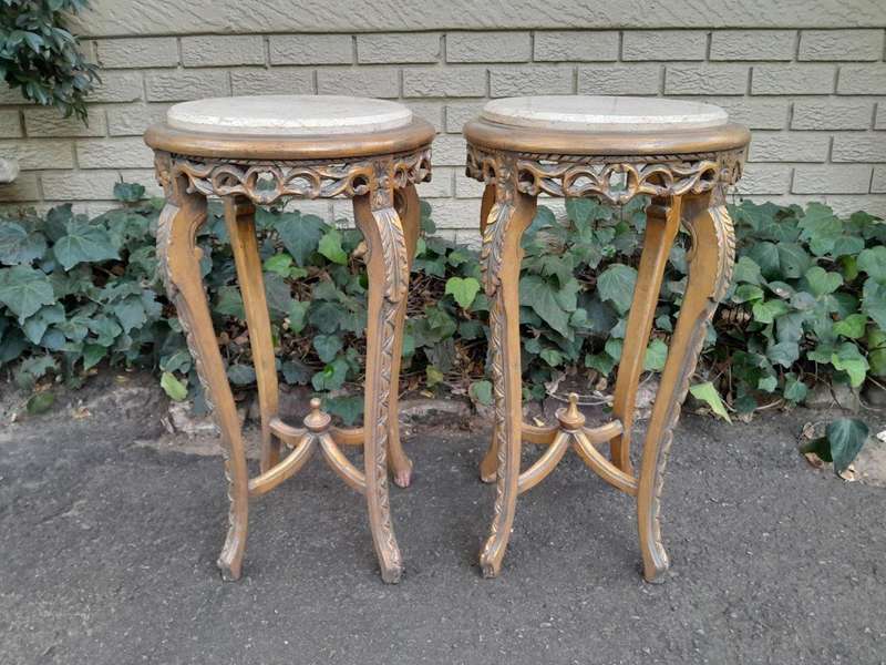 A Pair of 20th Century French Style Gilt Side Tables with Marble Tops