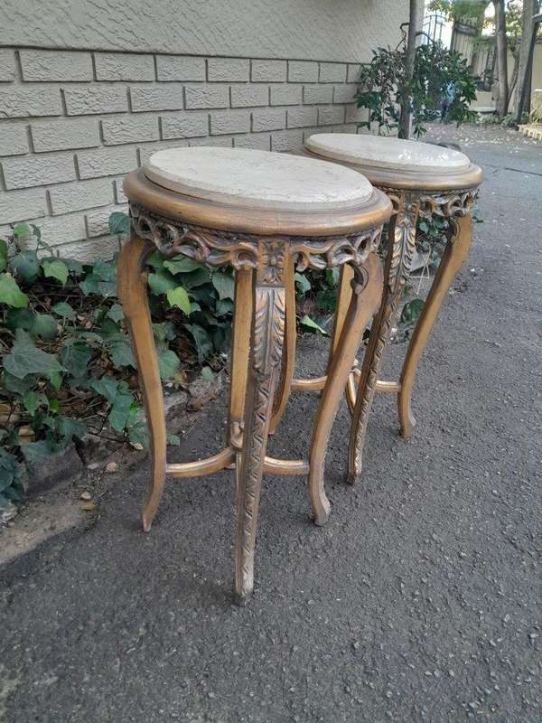 A Pair of 20th Century French Style Gilt Side Tables with Marble Tops