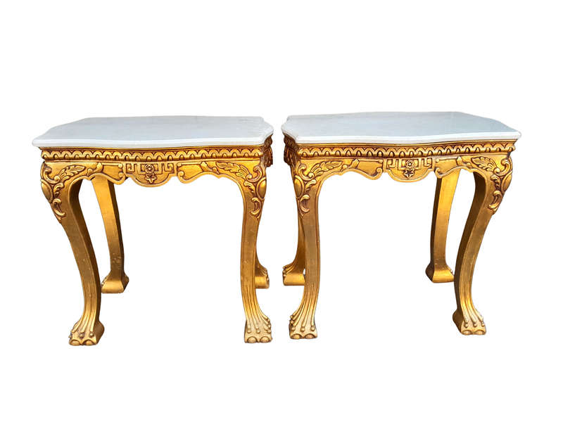 A Pair of 20th century French Style Giltwood Side Tables with Cream Galala Marble Tops