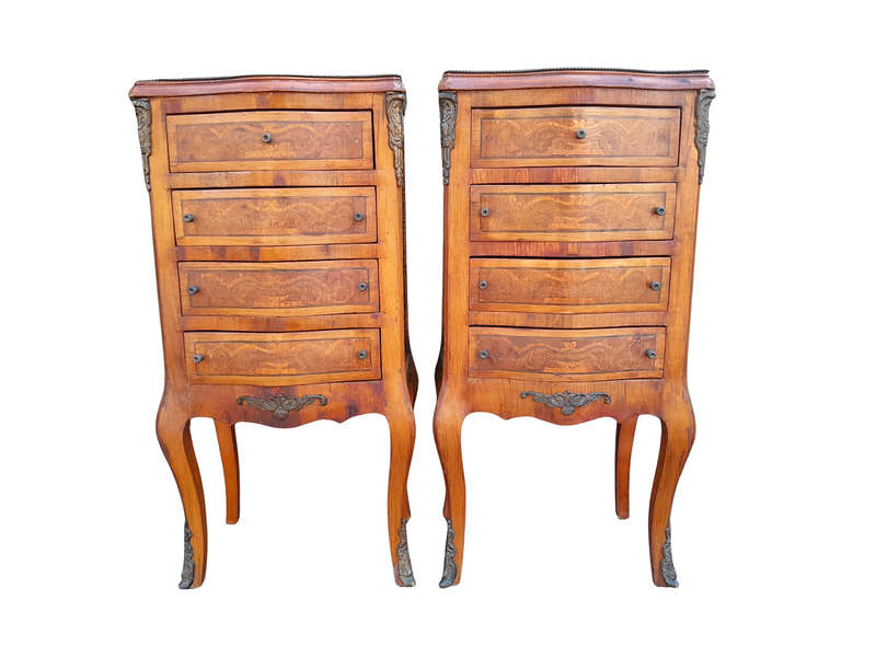 A 20th Century Circa 1920 Pair of French Walnut and Inlaid Bowfront Pedestals with Gilt Metal M...