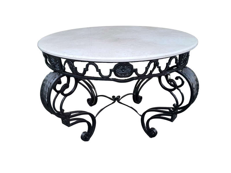 A 20th Century Imported French Style Wrought Iron Circular Entrance Table / Table with Cream Marb...