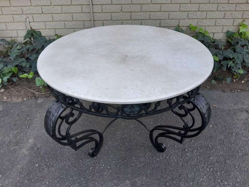 A 20th Century Imported French Style Wrought Iron Circular Entrance Table / Table with Cream Marb...