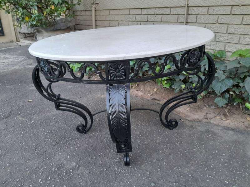 A 20th Century Imported French Style Wrought Iron Circular Entrance Table / Table with Cream Marb...