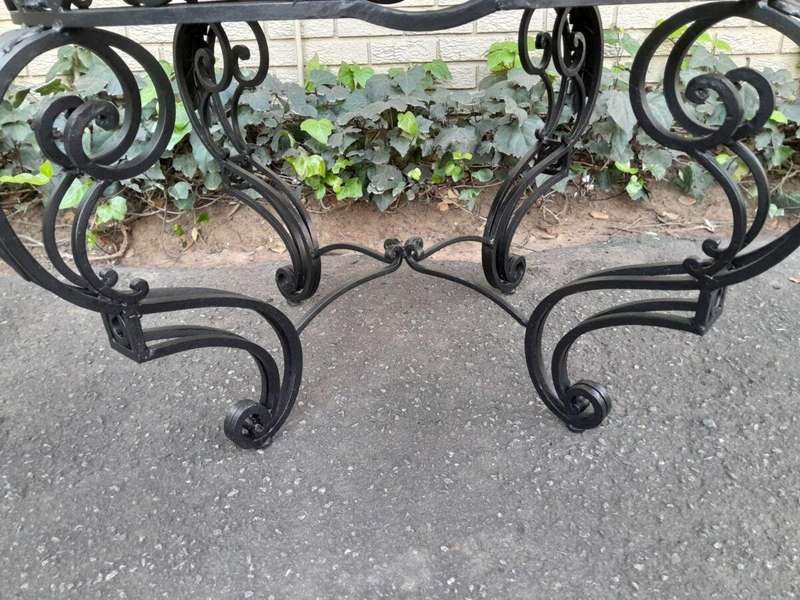 A 20th Century Imported French Style Wrought Iron Circular Entrance Table / Table with Cream Marb...