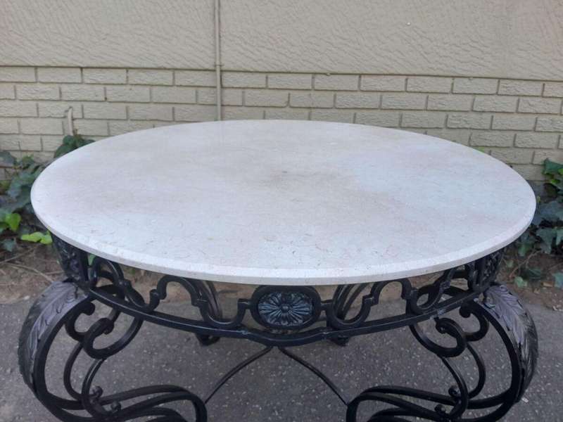 A 20th Century Imported French Style Wrought Iron Circular Entrance Table / Table with Cream Marb...