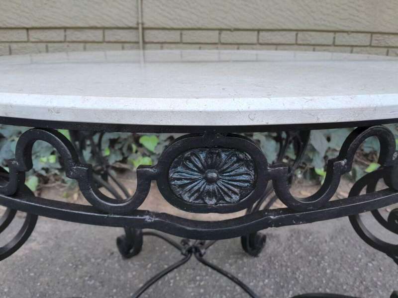 A 20th Century Imported French Style Wrought Iron Circular Entrance Table / Table with Cream Marb...